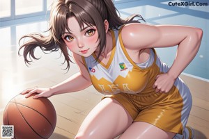 A woman in a yellow and white uniform holding a basketball.